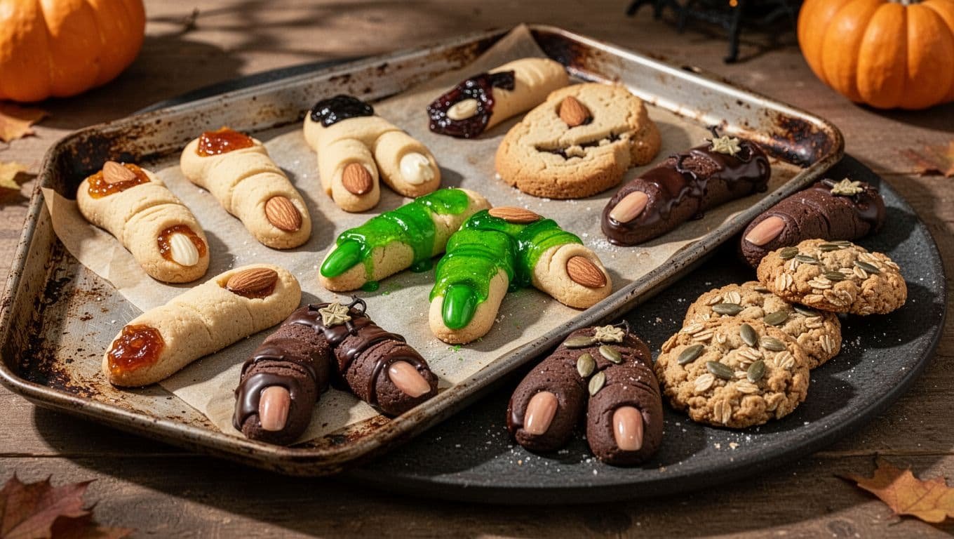 Seven varieties of Halloween witch finger cookies arranged on rustic trays.