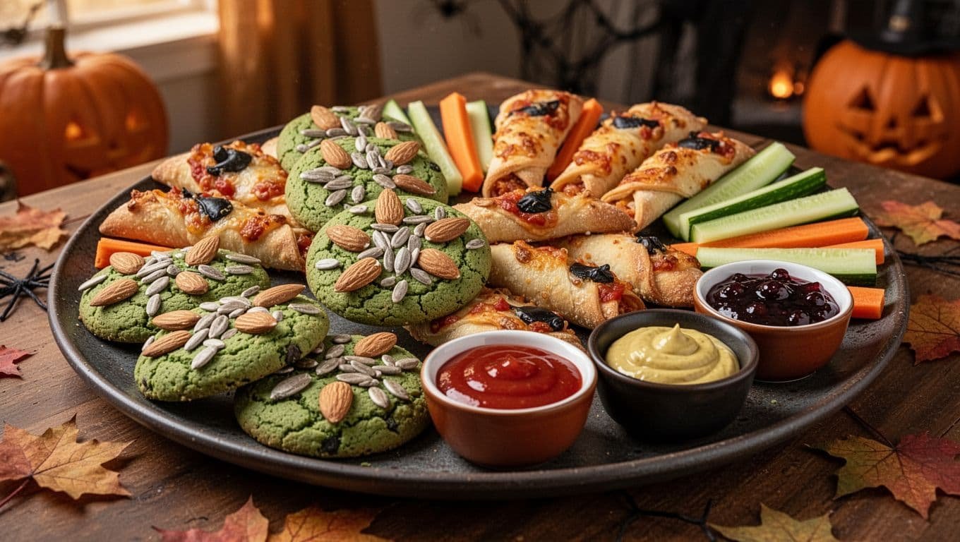 Halloween platter with green cookies, savory fingers, vegetables, and dipping sauces.