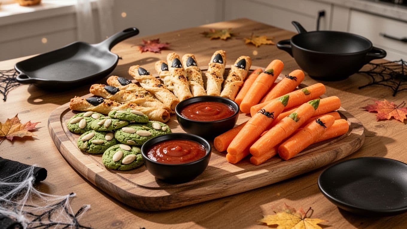Halloween platter with cookie, breadstick, and carrot fingers beside red dipping sauce.