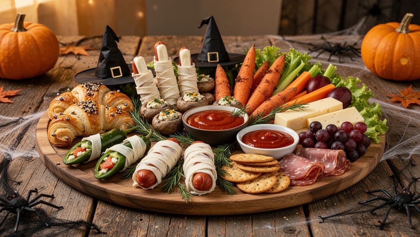 Halloween snack board with seven types of finger-shaped foods and dipping sauces.