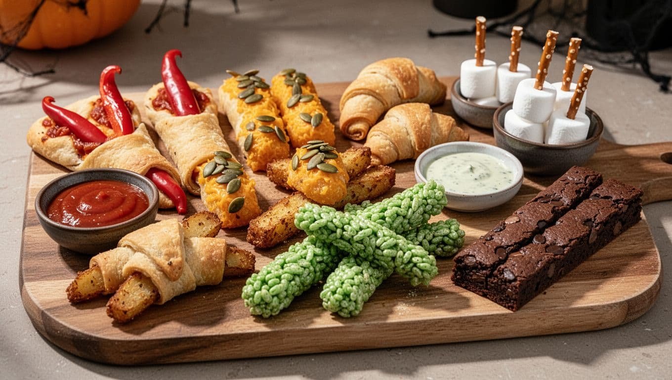 Seven Halloween finger foods arranged on one platter with small dipping bowls.