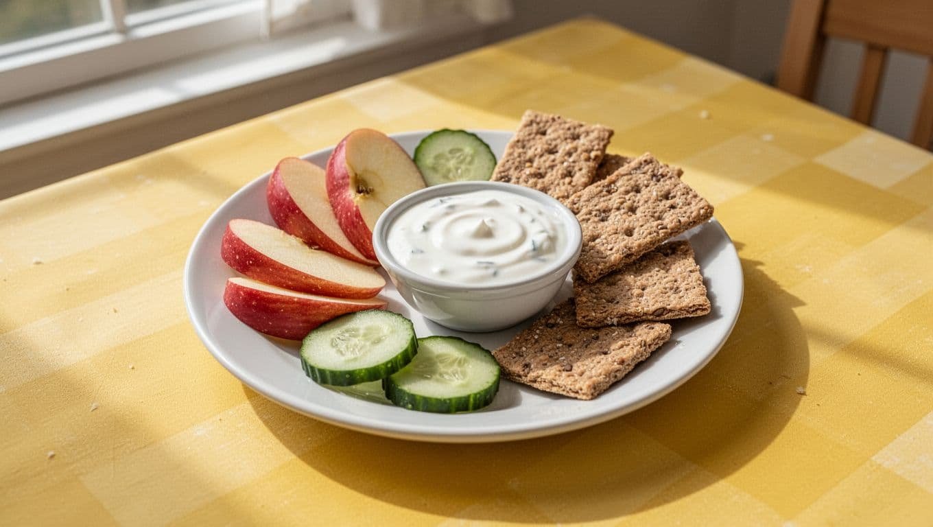A plate with apple, cucumber, crackers, and yogurt dip on a sunny kitchen table.