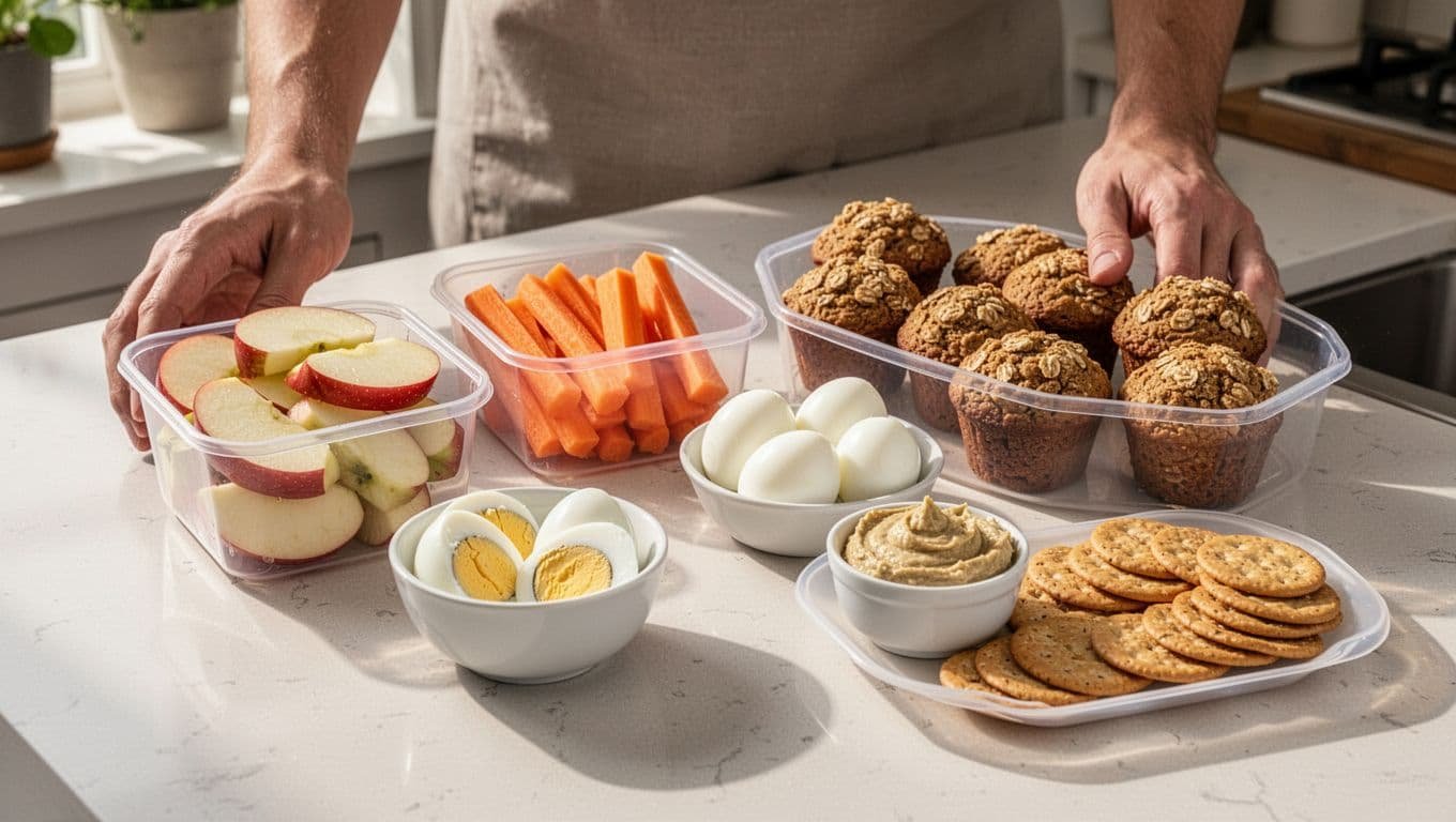 Prepared containers of fruit, vegetables, eggs, muffins, hummus, and crackers on a kitchen counter.