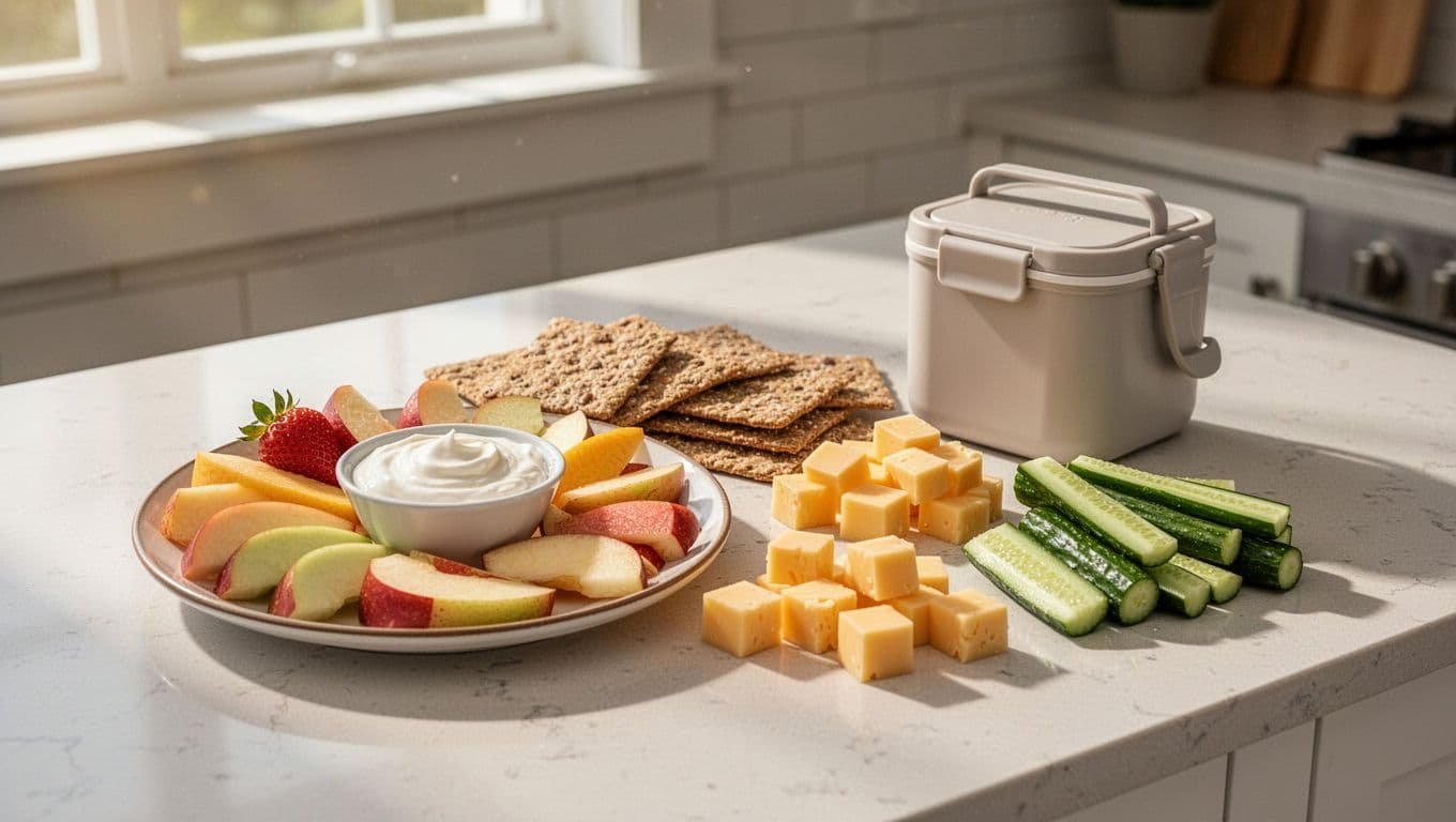 A kitchen counter holds fruit, yogurt dip, crackers, cheese, cucumber, and a snack container.