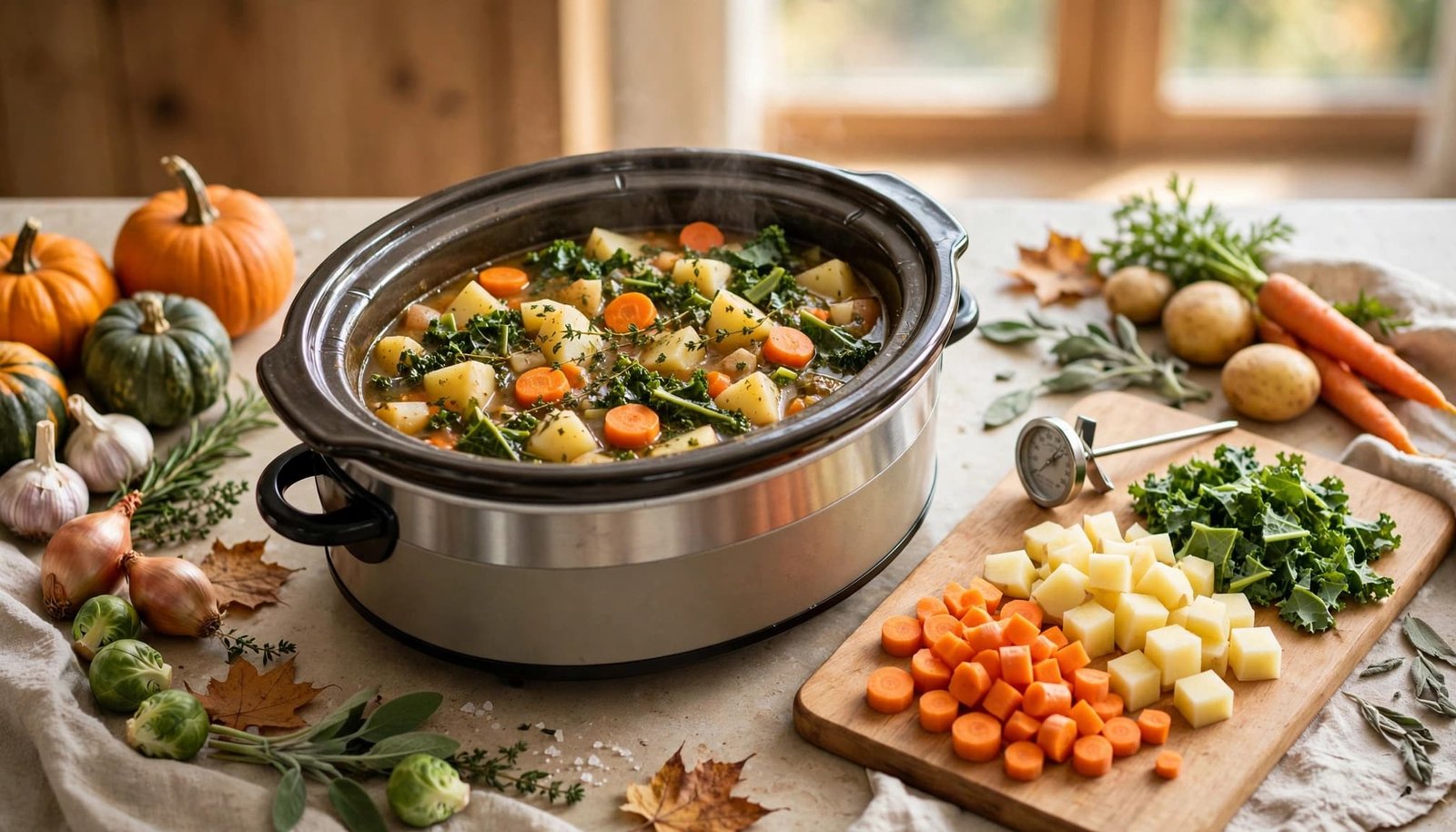 An uncovered slow cooker of stew beside a thermometer and chopped vegetables.