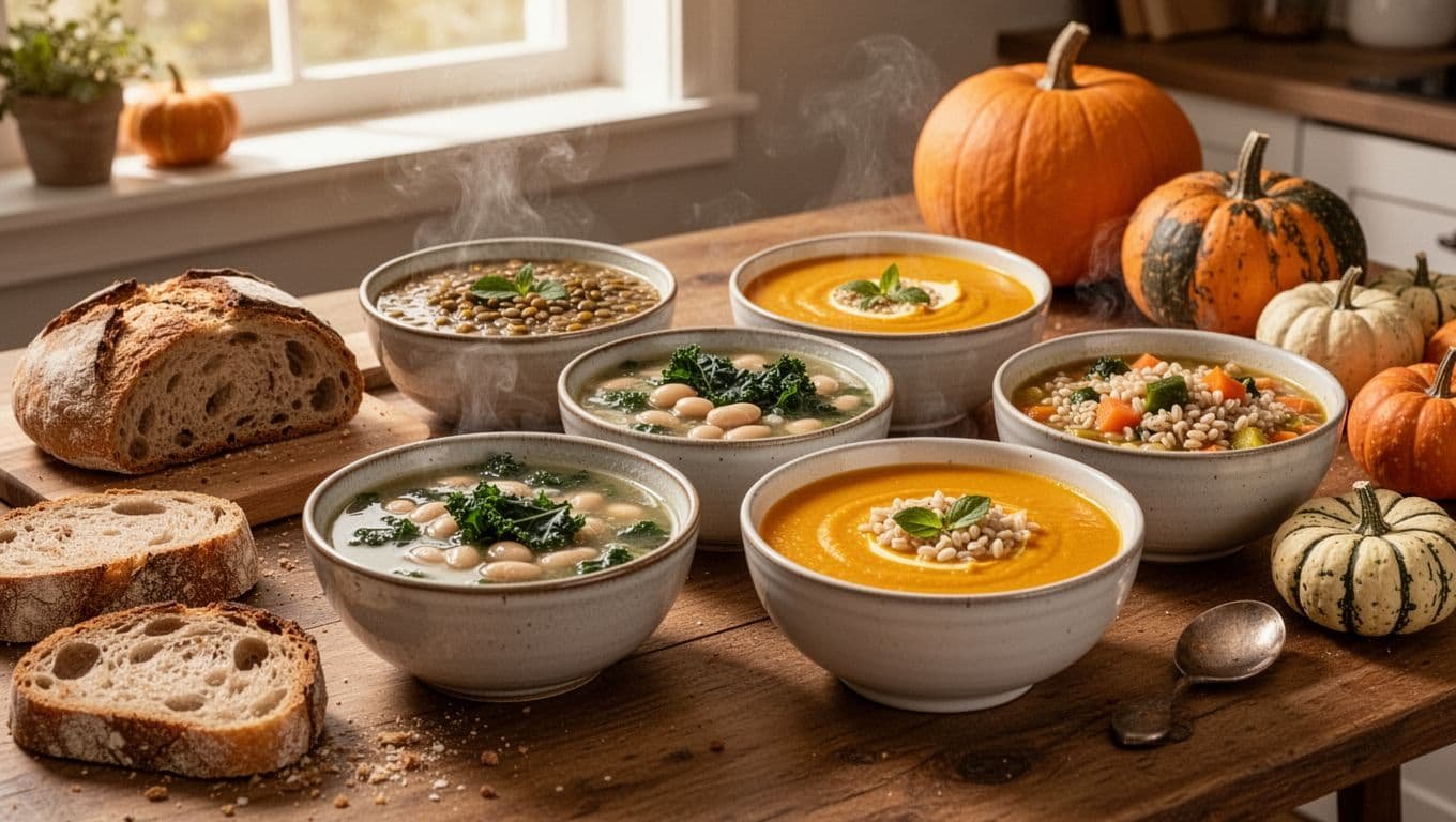 Four bowls of autumn soup with bread and seasonal produce on a kitchen table.