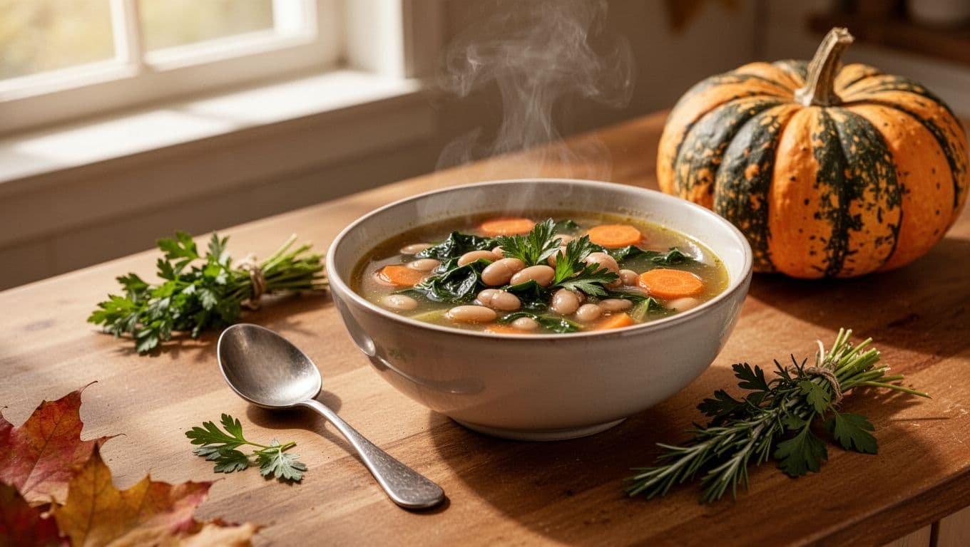 A bowl of autumn vegetable soup with beans, greens, carrots, and herbs.