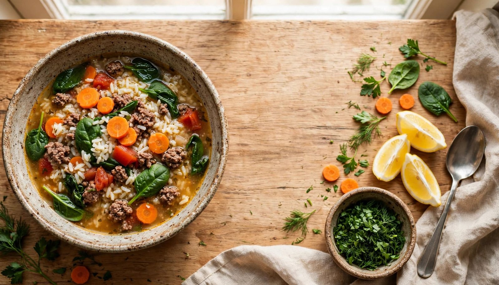 Overhead bowl of beef and rice soup with vegetables, herbs, lemon, and a spoon.