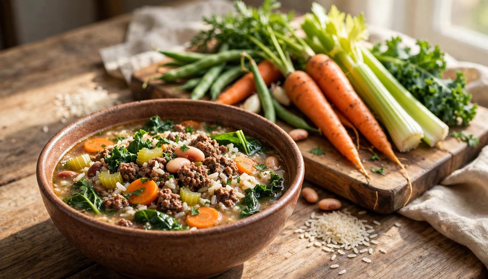 A bowl of beef and rice soup with vegetables beside a cutting board.