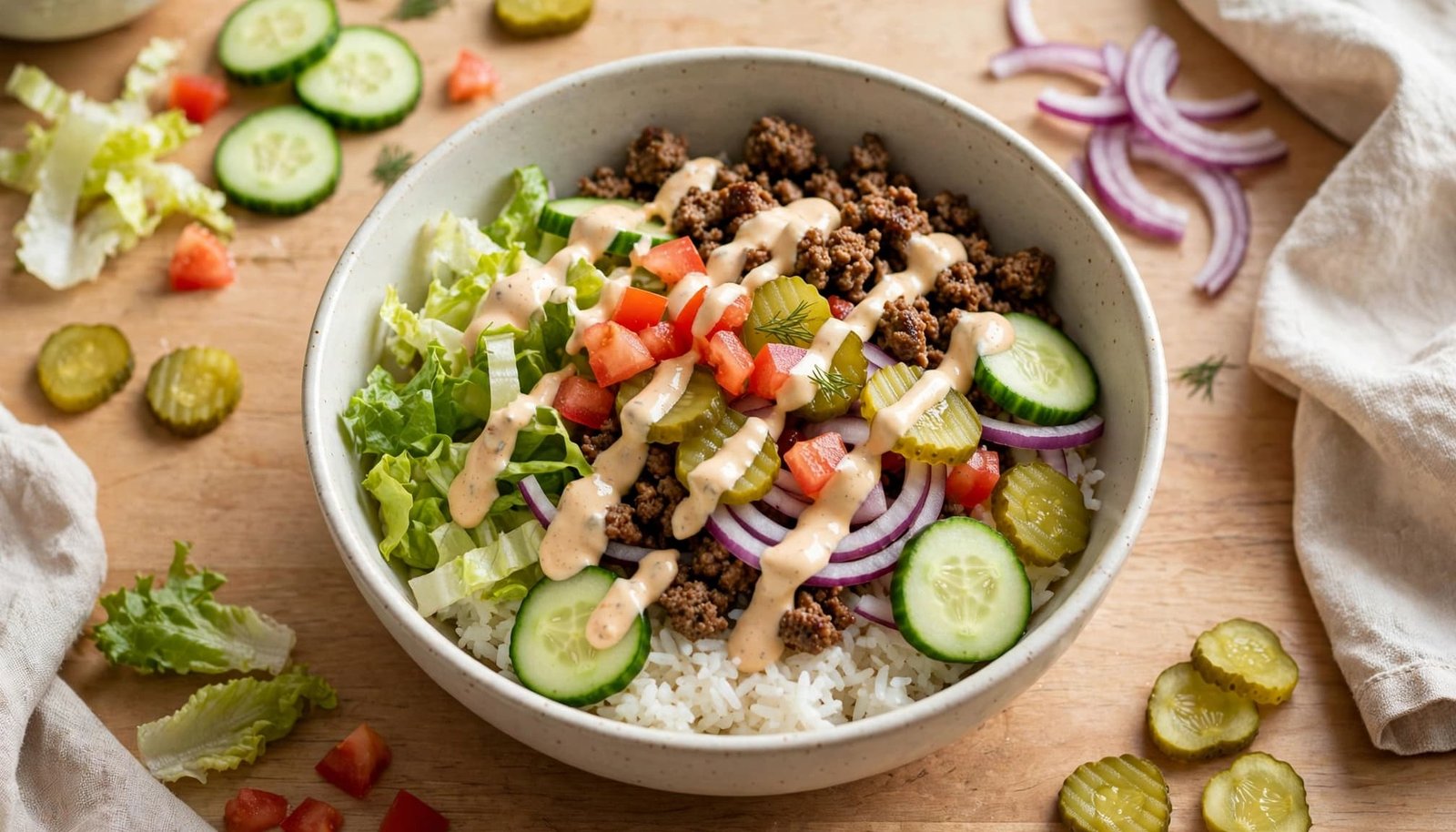 A burger bowl with beef, rice, lettuce, vegetables, pickles, and creamy sauce.