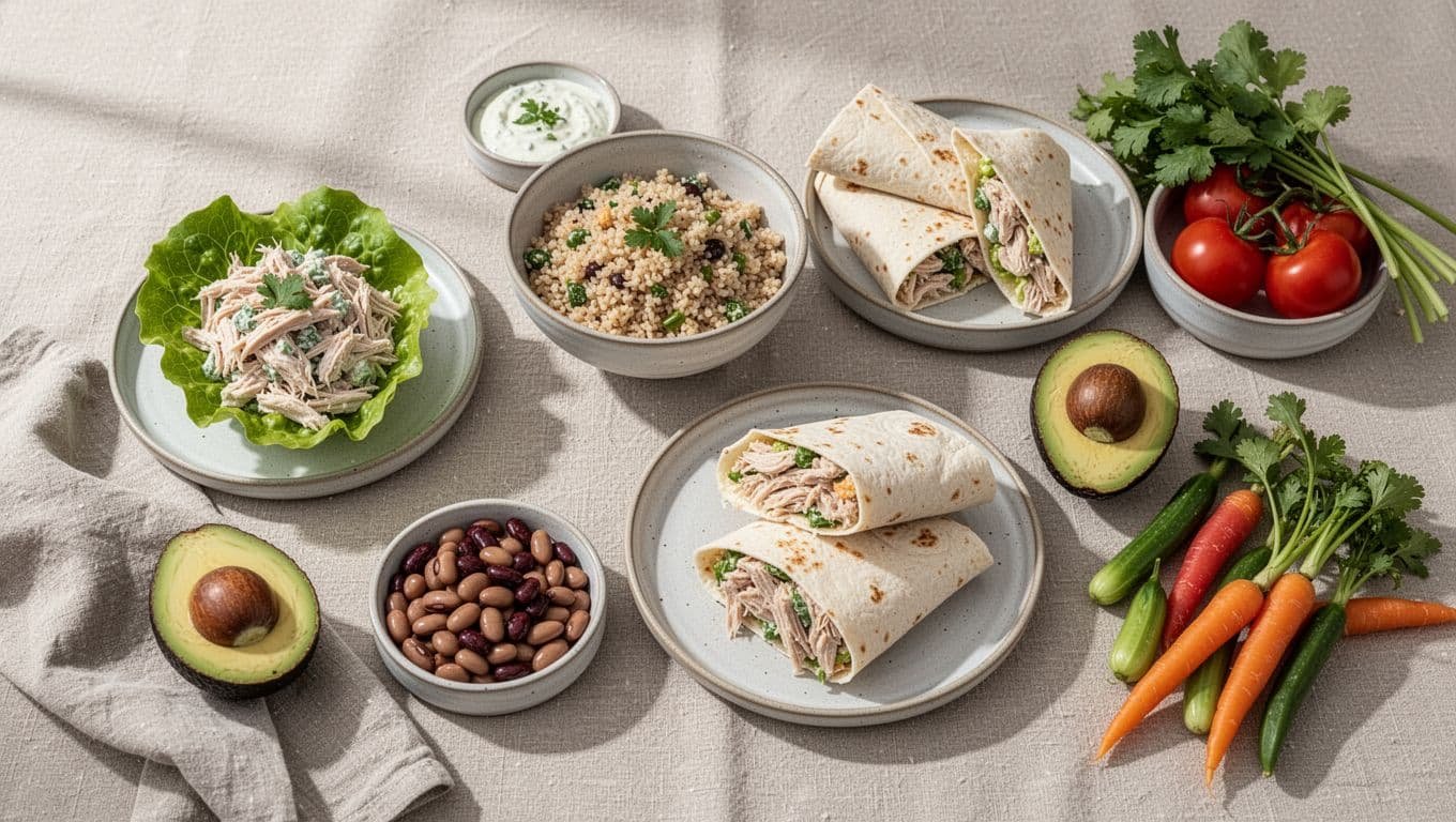 Healthy chicken salad, grain bowl, wraps, avocado, beans, and vegetables arranged on a kitchen table.