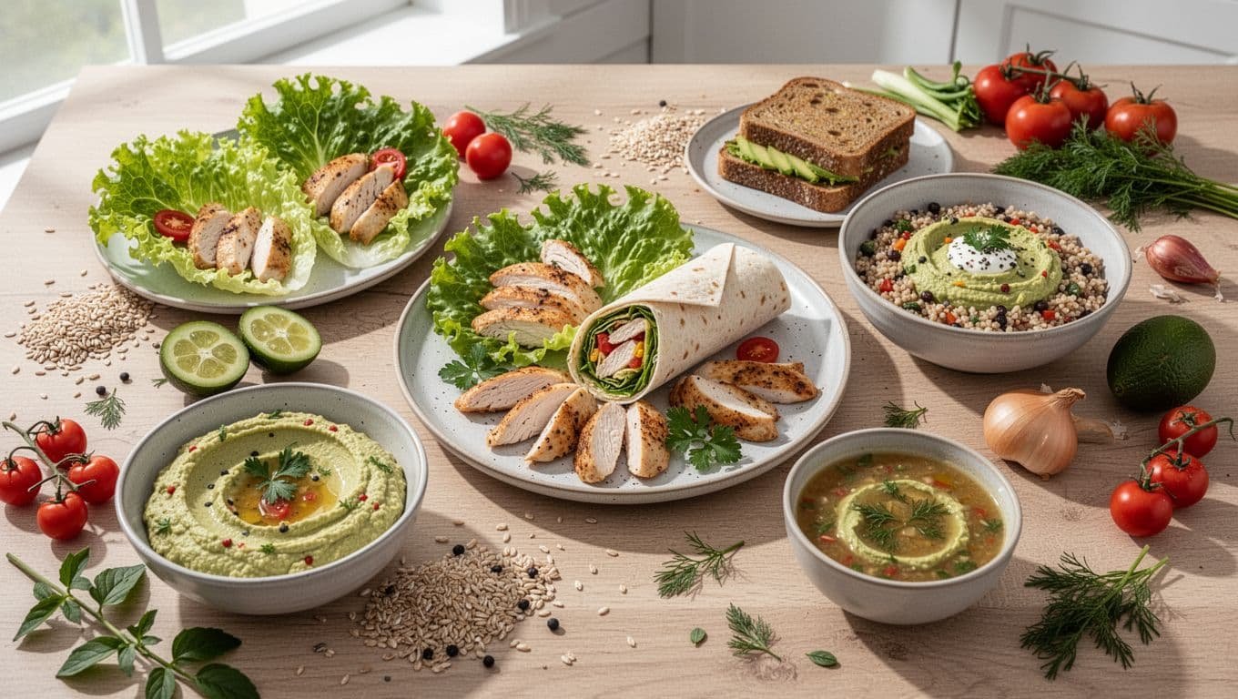 Healthy chicken lunches arranged around a central platter with vegetables, toast, wrap, grain bowl, and soup.