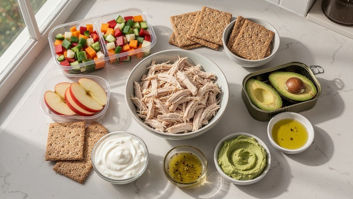 Overhead bowl of shredded chicken surrounded by vegetables, fruit, crackers, yogurt, avocado, and hummus.