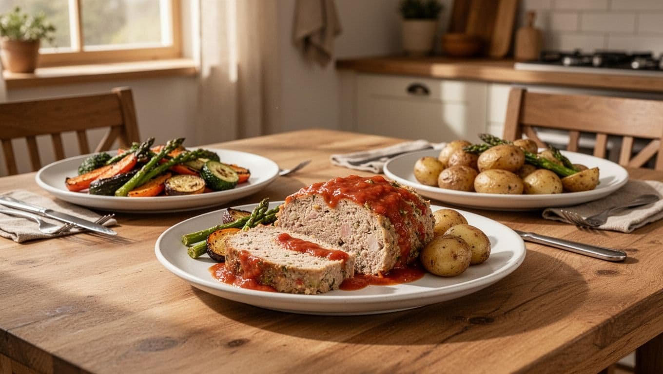 Sliced chicken meatloaf with roasted vegetables and potatoes on a family dinner table.