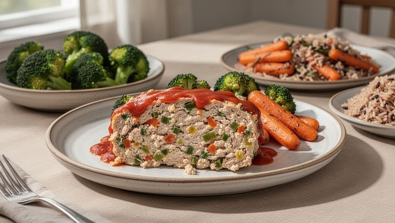 Sliced vegetable chicken meatloaf with broccoli, carrots, and brown rice on a dinner table.
