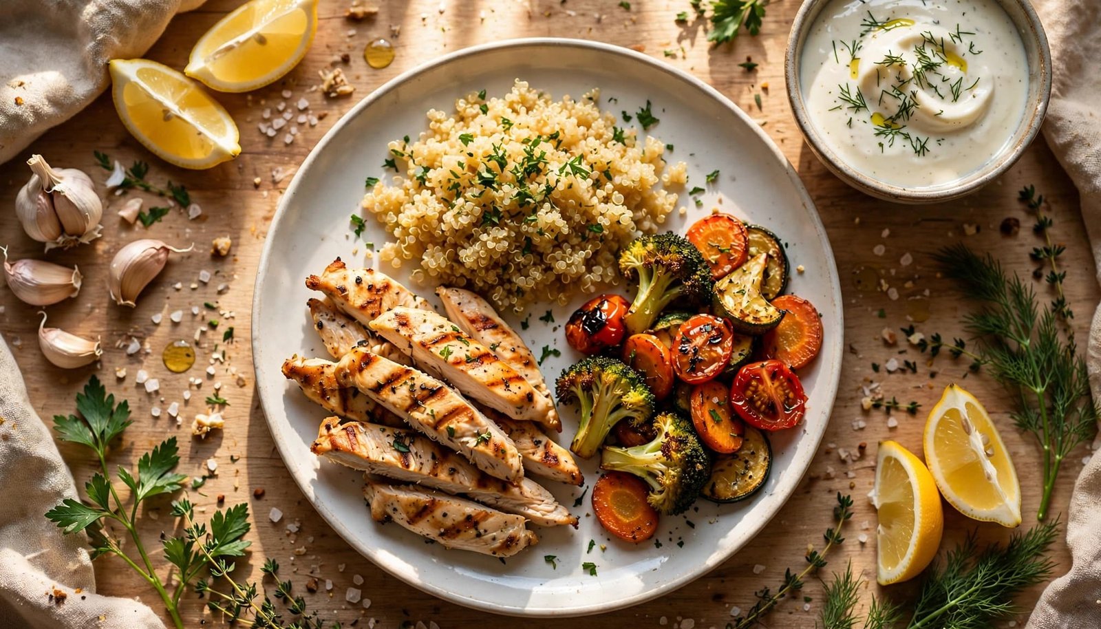 Overhead plate with chicken, roasted vegetables, quinoa, lemon, herbs, and yogurt sauce.