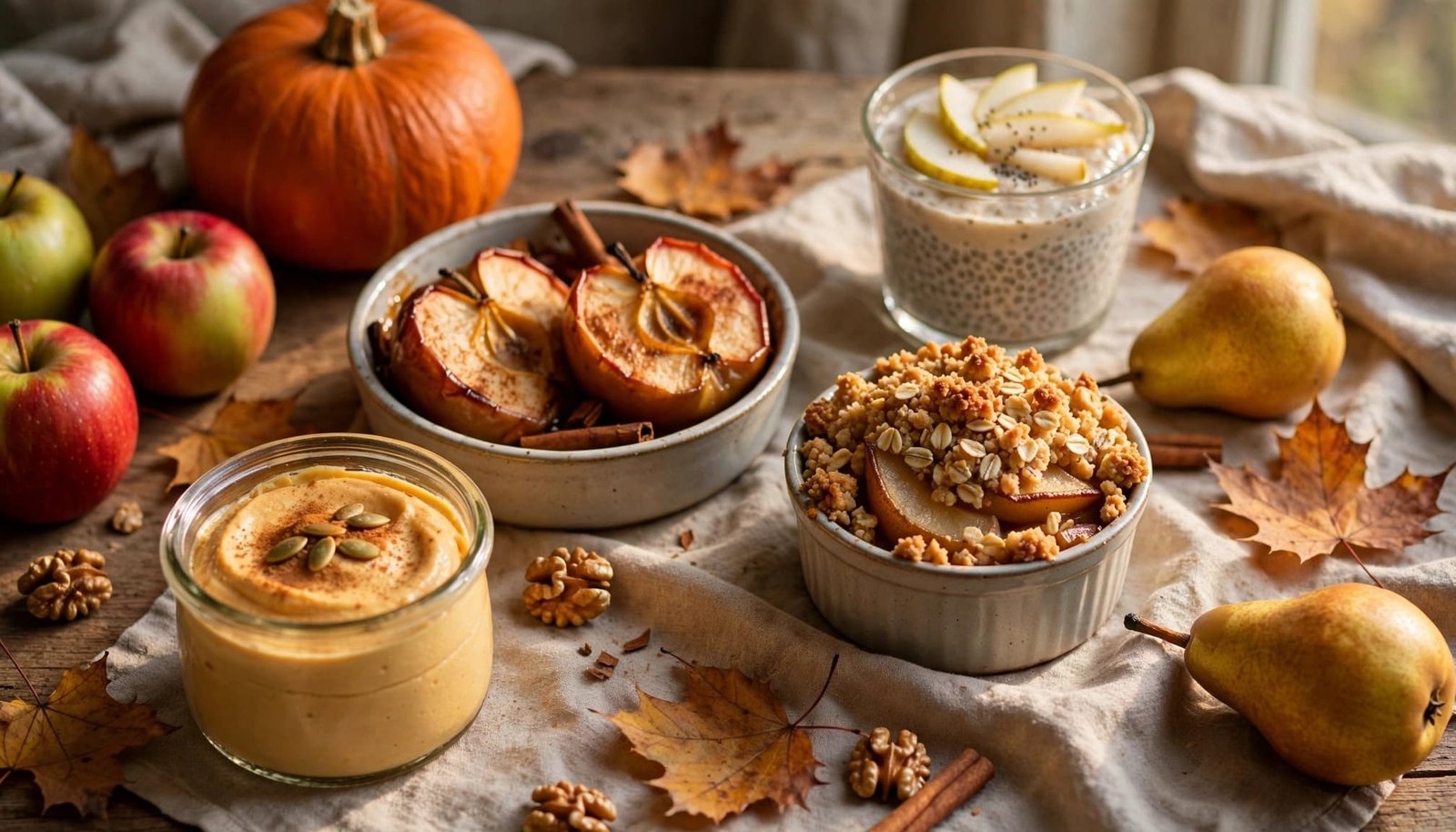 Individual fall desserts sit on a rustic table with apples, pears, and pumpkins.