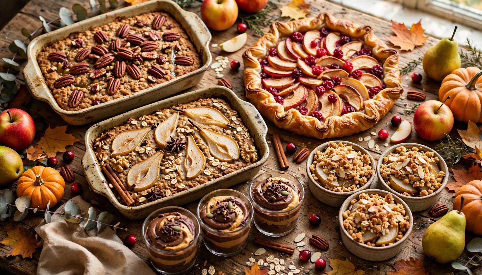 Five healthy fall desserts arranged on a rustic kitchen table with fruit and warm autumn accents.