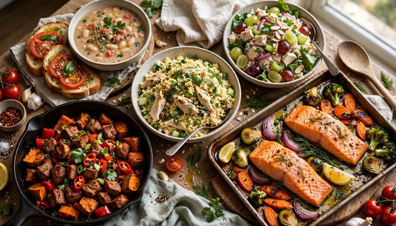 Five healthy dinner dishes arranged on a kitchen table with colorful vegetables.