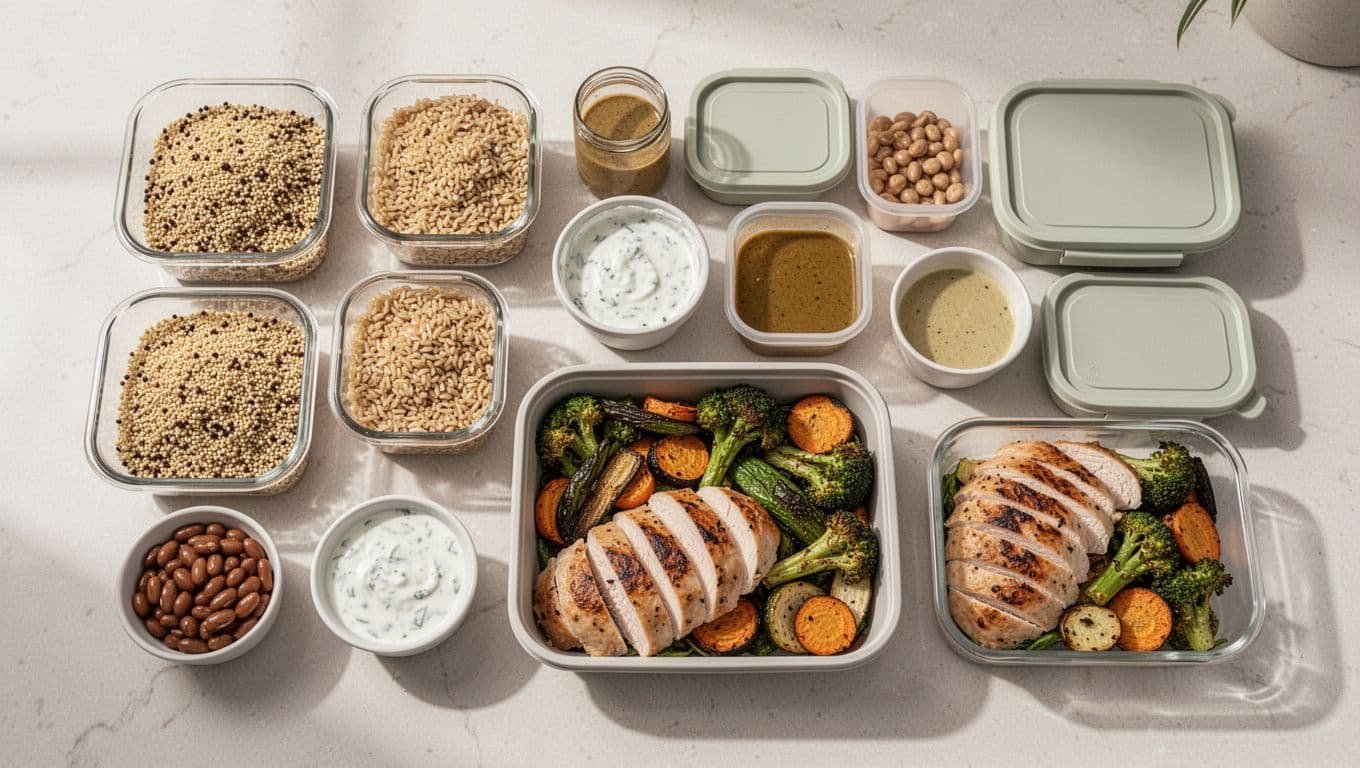 Meal-prep ingredients and containers surround one assembled balanced meal on a kitchen counter.
