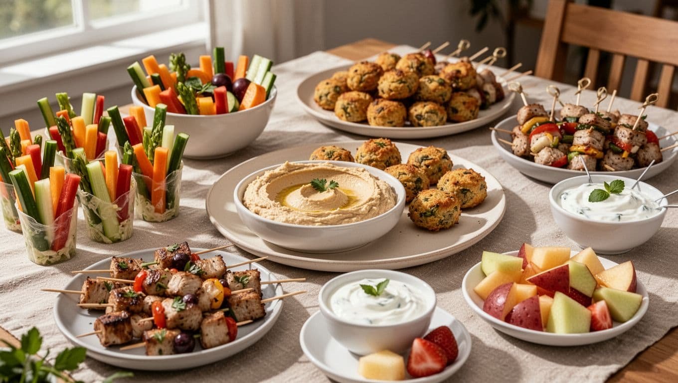 Healthy appetizers, hummus, fruit, skewers, and yogurt dip arranged on a sunny table.