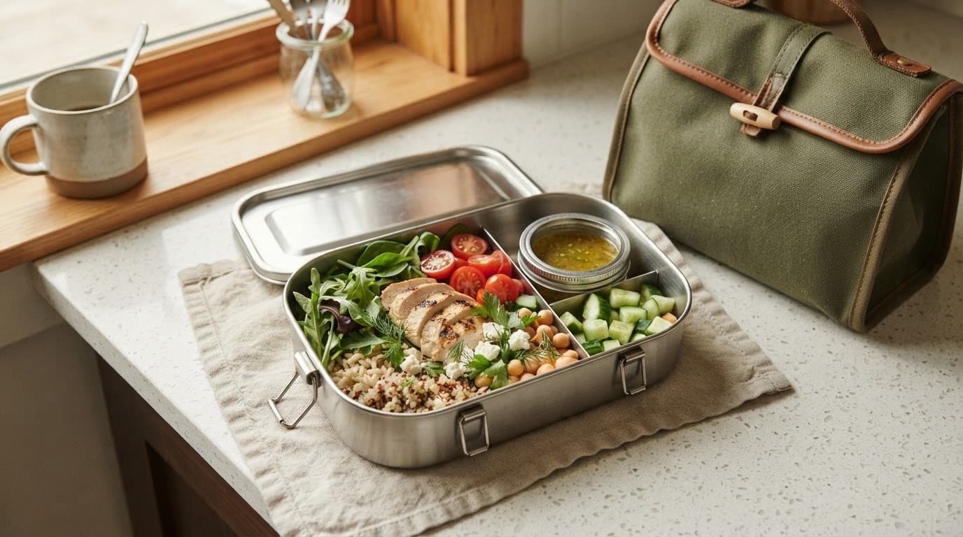 A lunchbox holds grains, chicken, greens, cucumber, tomatoes, and dressing on a kitchen counter.