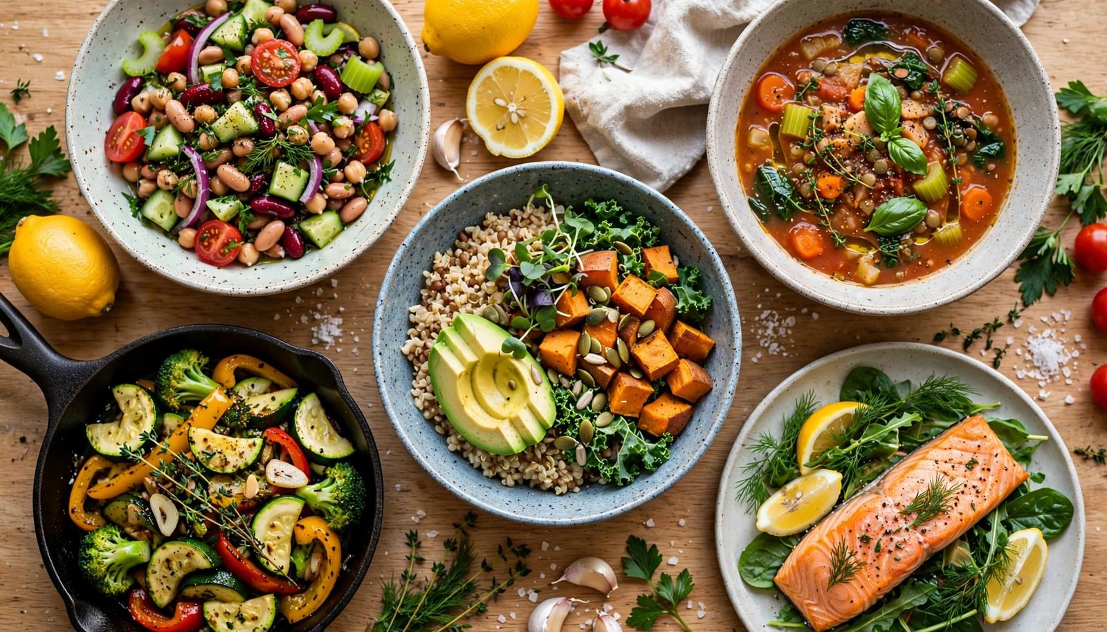 Five healthy dinners arranged separately on ceramic plates at a bright kitchen table.