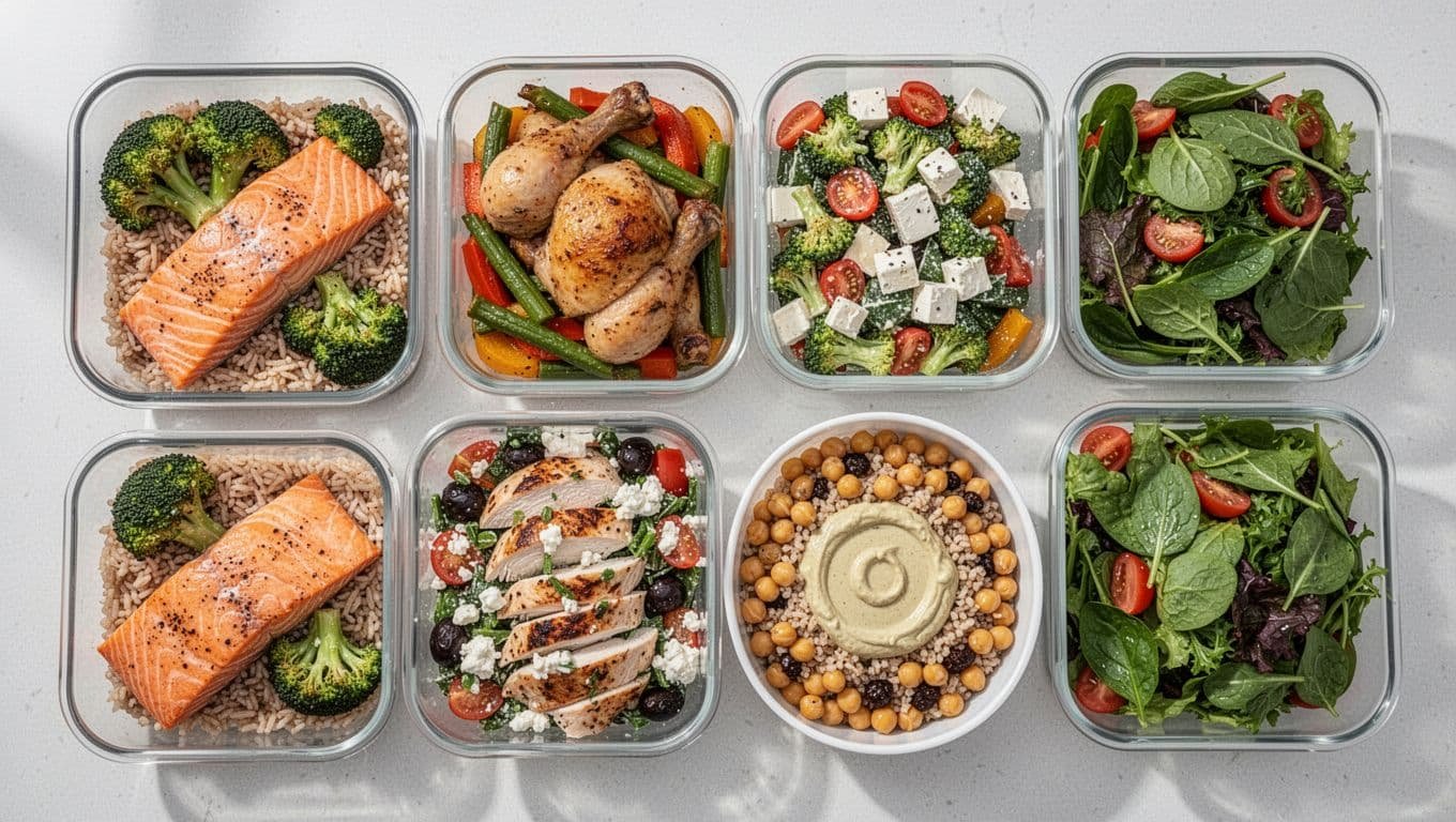 Five containers hold colorful healthy dinners including salmon, chicken, salads, and a grain bowl.