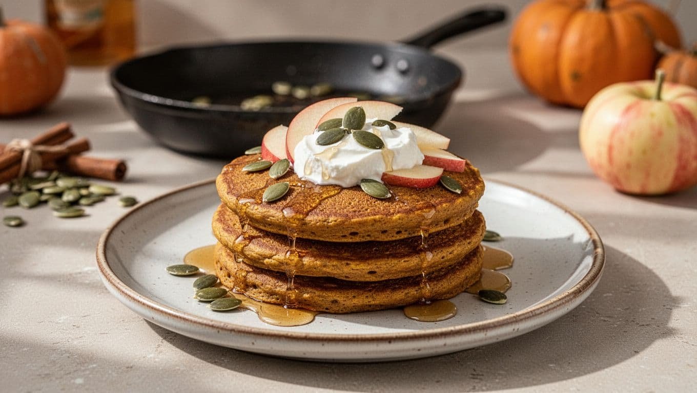 Pumpkin pancakes with yogurt, seeds, apple slices, and maple syrup on a ceramic plate.