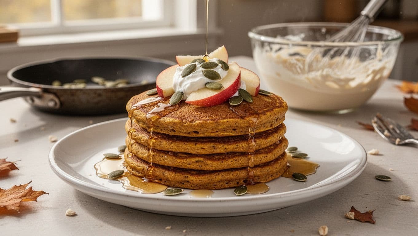 Fluffy pumpkin pancakes topped with yogurt, apple slices, seeds, and maple syrup.