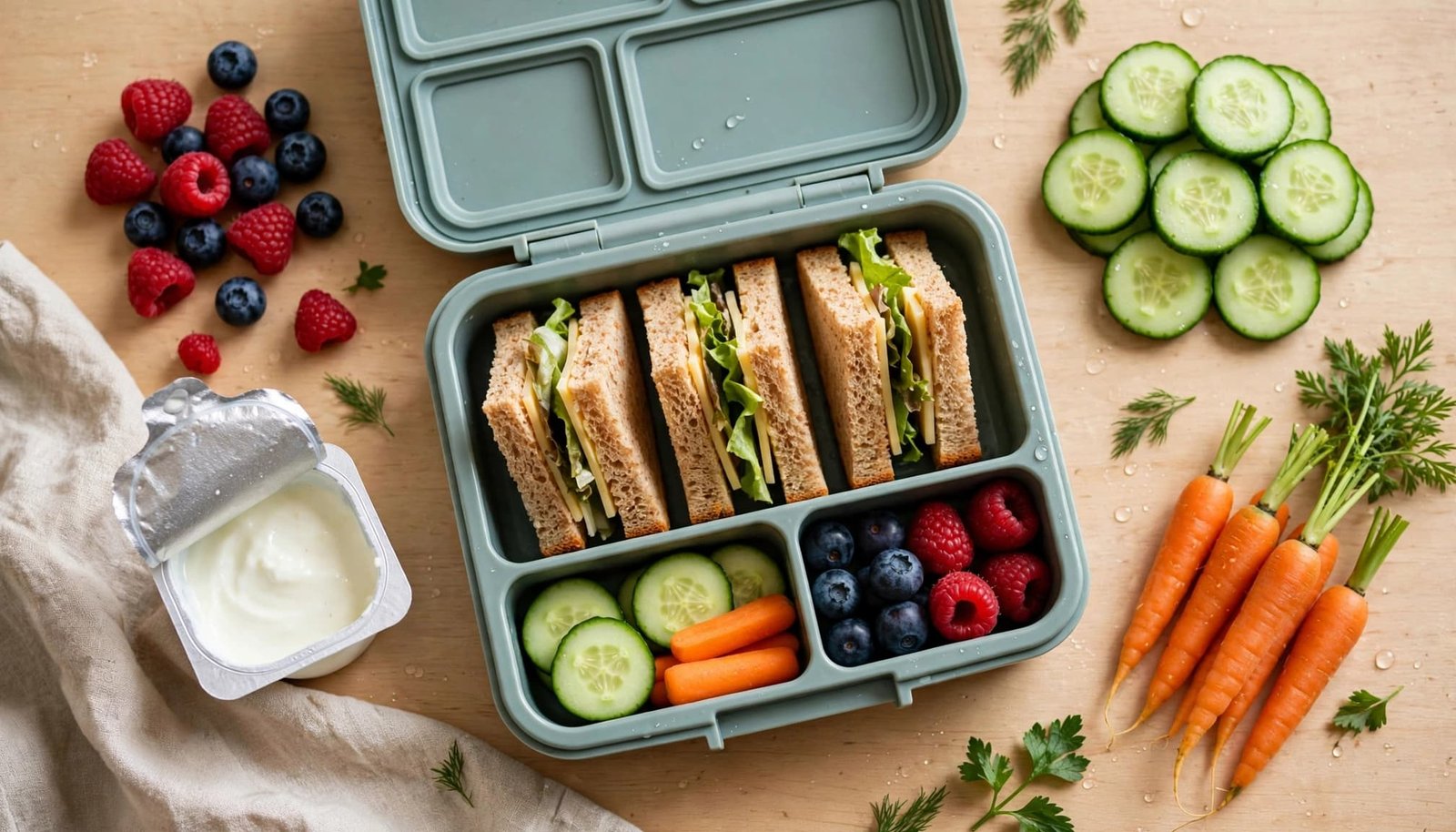 Open lunchbox filled with sandwiches, berries, vegetables, and yogurt on a bright kitchen counter.