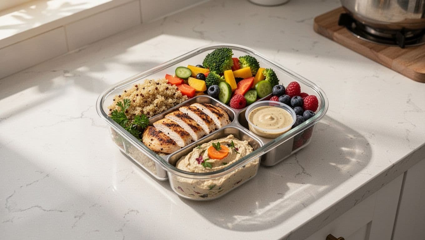 A meal container with chicken, quinoa, vegetables, berries, hummus, and dressing.