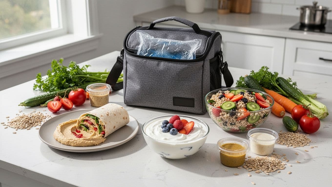 Healthy packed lunches and dressing containers arranged on a bright kitchen counter.