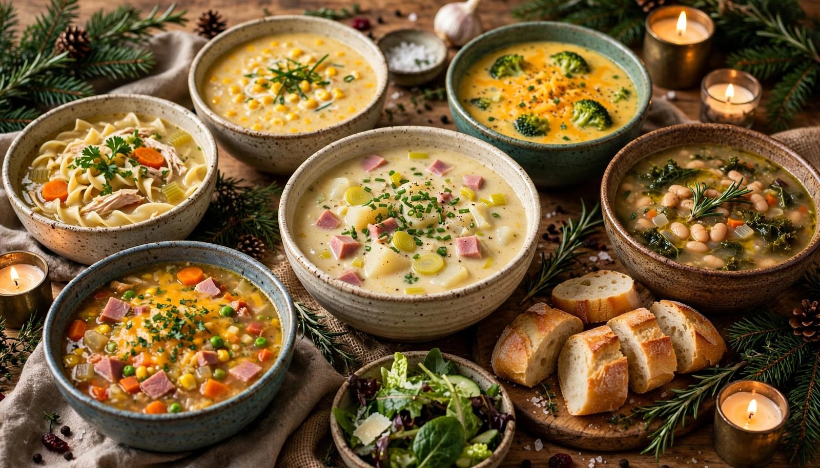 Rustic buffet with bowls of hearty soups, crusty bread, salad, greenery, and candlelight.