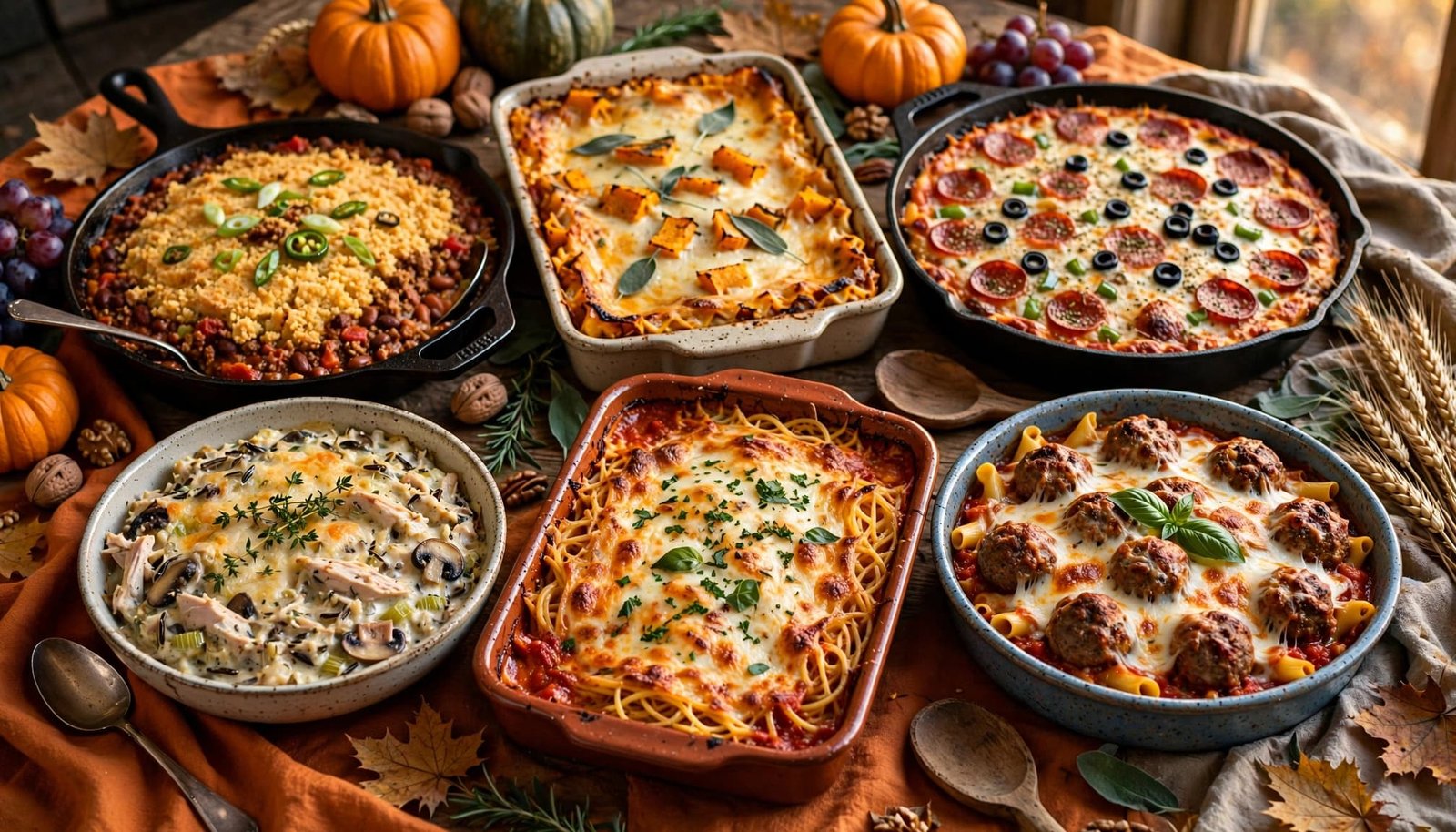 Six hearty casseroles sit on a rustic autumn dinner table with golden toppings.