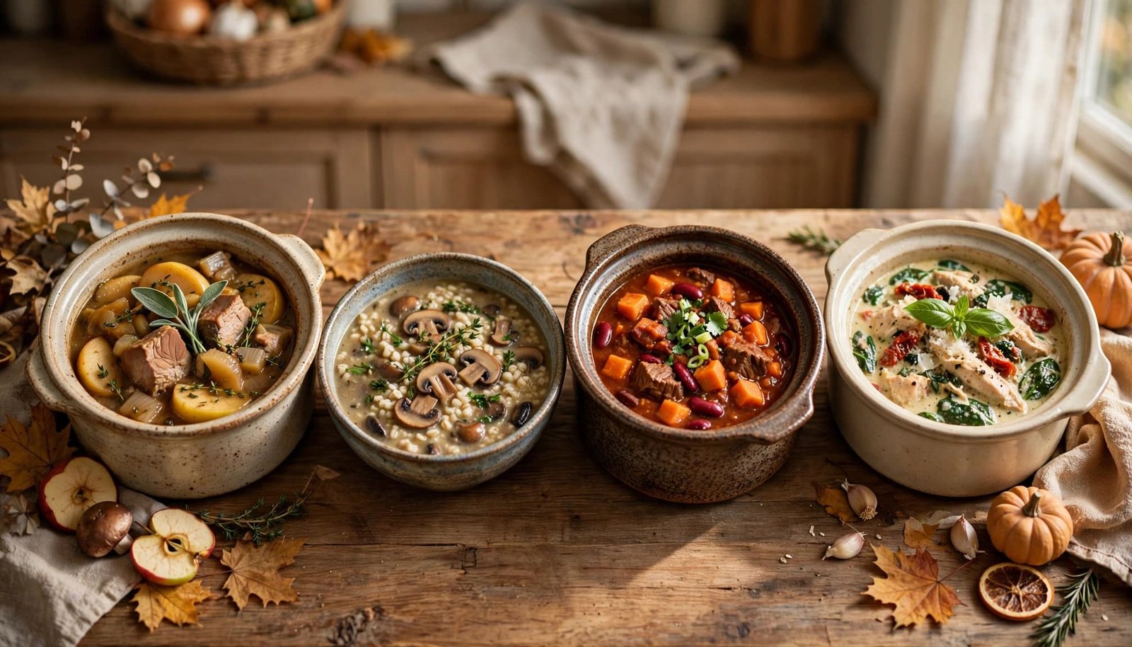 Four hearty crockpot dishes arranged on a wooden table.