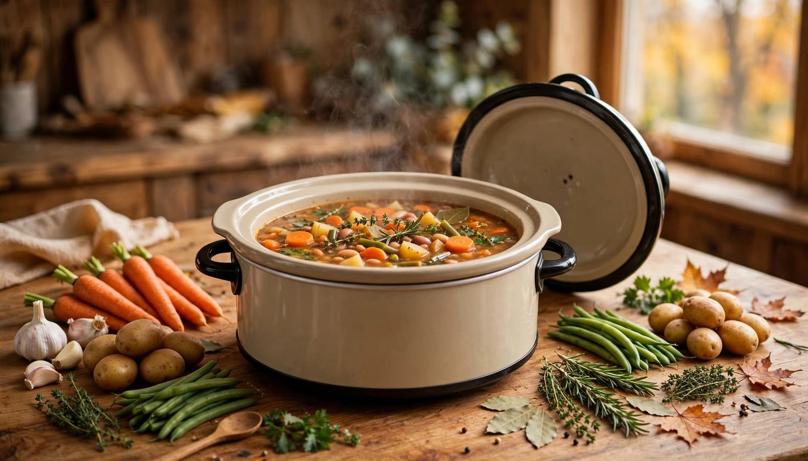 An open crockpot holds hearty soup beside neatly arranged ingredients on a wooden kitchen counter.