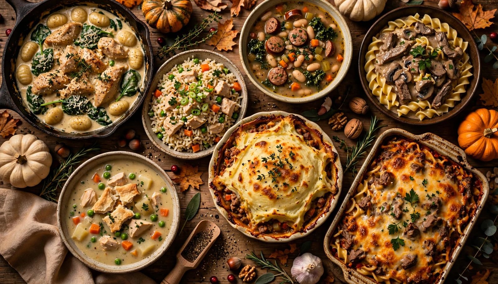 Several cozy fall dinners arranged on a rustic table with autumn vegetables.