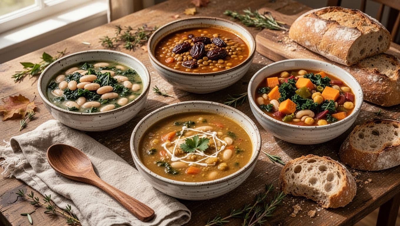 Five colorful dairy-free soups arranged on a rustic table with bread, herbs, and linen napkins.