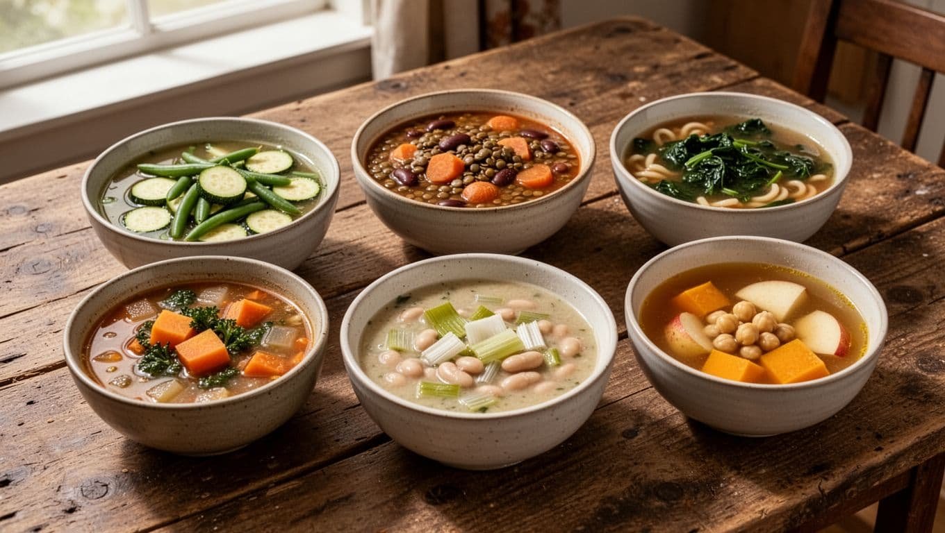 Five bowls of colorful vegetable soups arranged on a rustic wooden table.