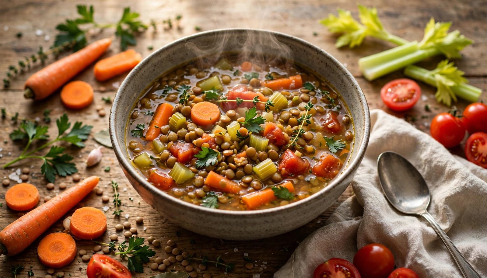 A bowl of steaming lentil soup with vegetables, herbs, a napkin, and spoon.