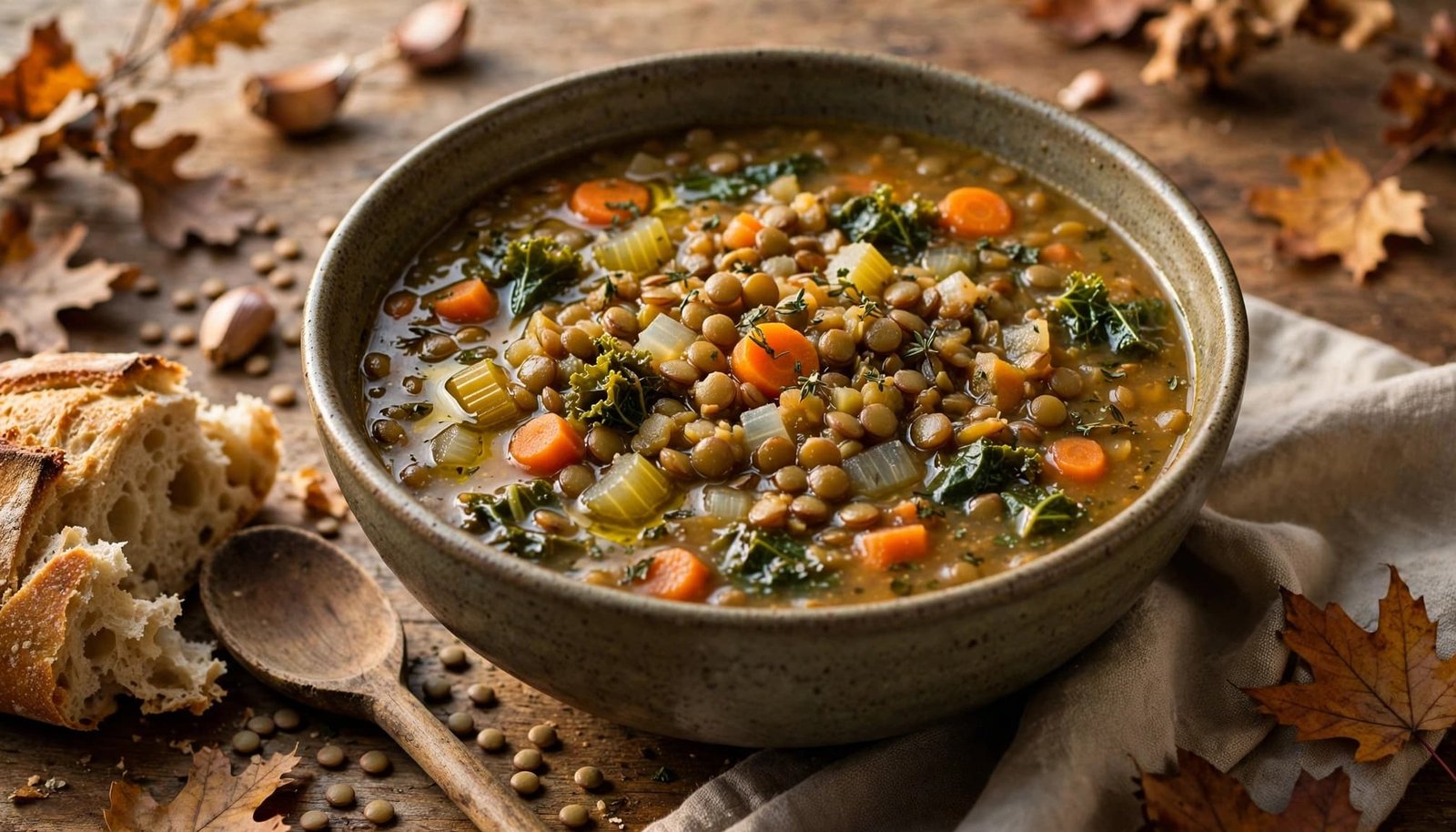 A bowl of lentil soup with carrots, celery, greens, bread, and a wooden spoon.