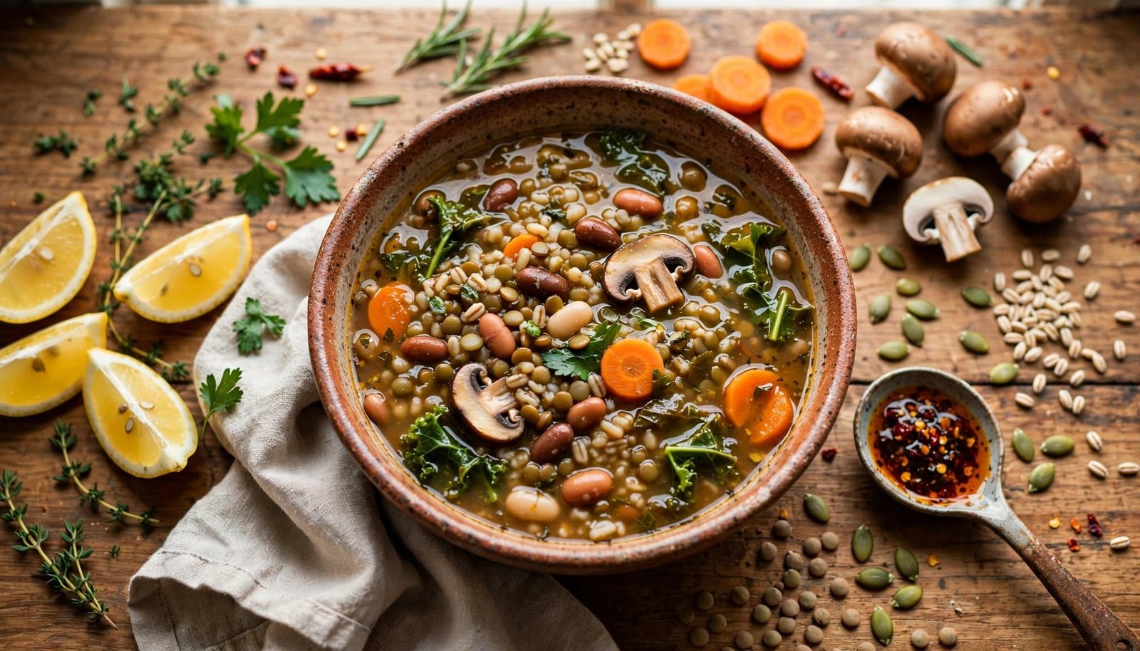 Rustic bowl of vegetarian soup with beans, vegetables, greens, lemon, and herbs.
