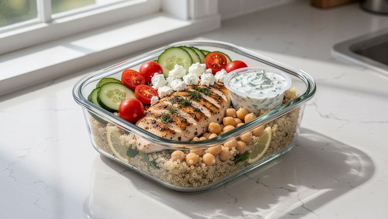 A glass meal-prep bowl with grilled chicken, quinoa, vegetables, chickpeas, feta, and tzatziki.
