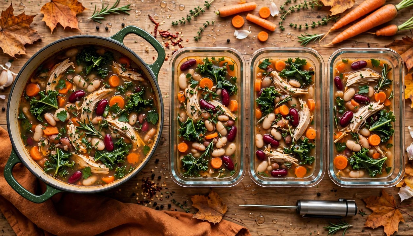 A pot of chicken and bean soup beside storage containers and a food thermometer.