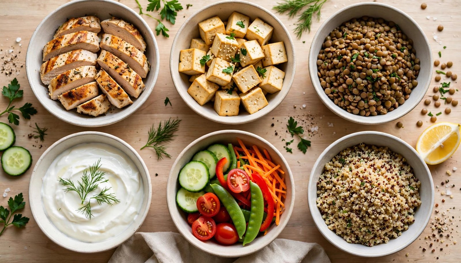Bowls of chicken, tofu, lentils, yogurt, vegetables, and grains on a kitchen table.