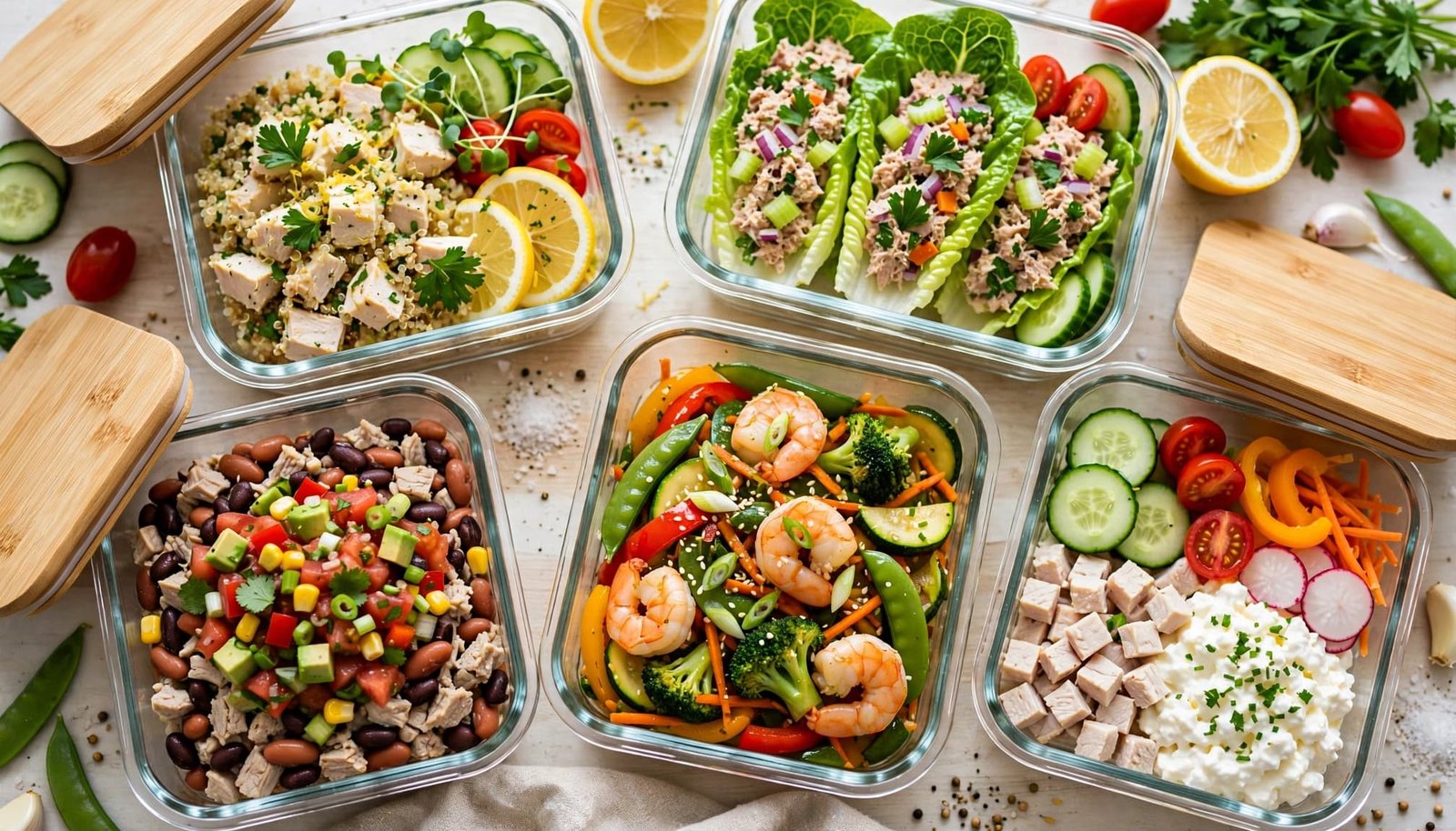 Five colorful meal-prep lunches in reusable containers on a bright kitchen counter.