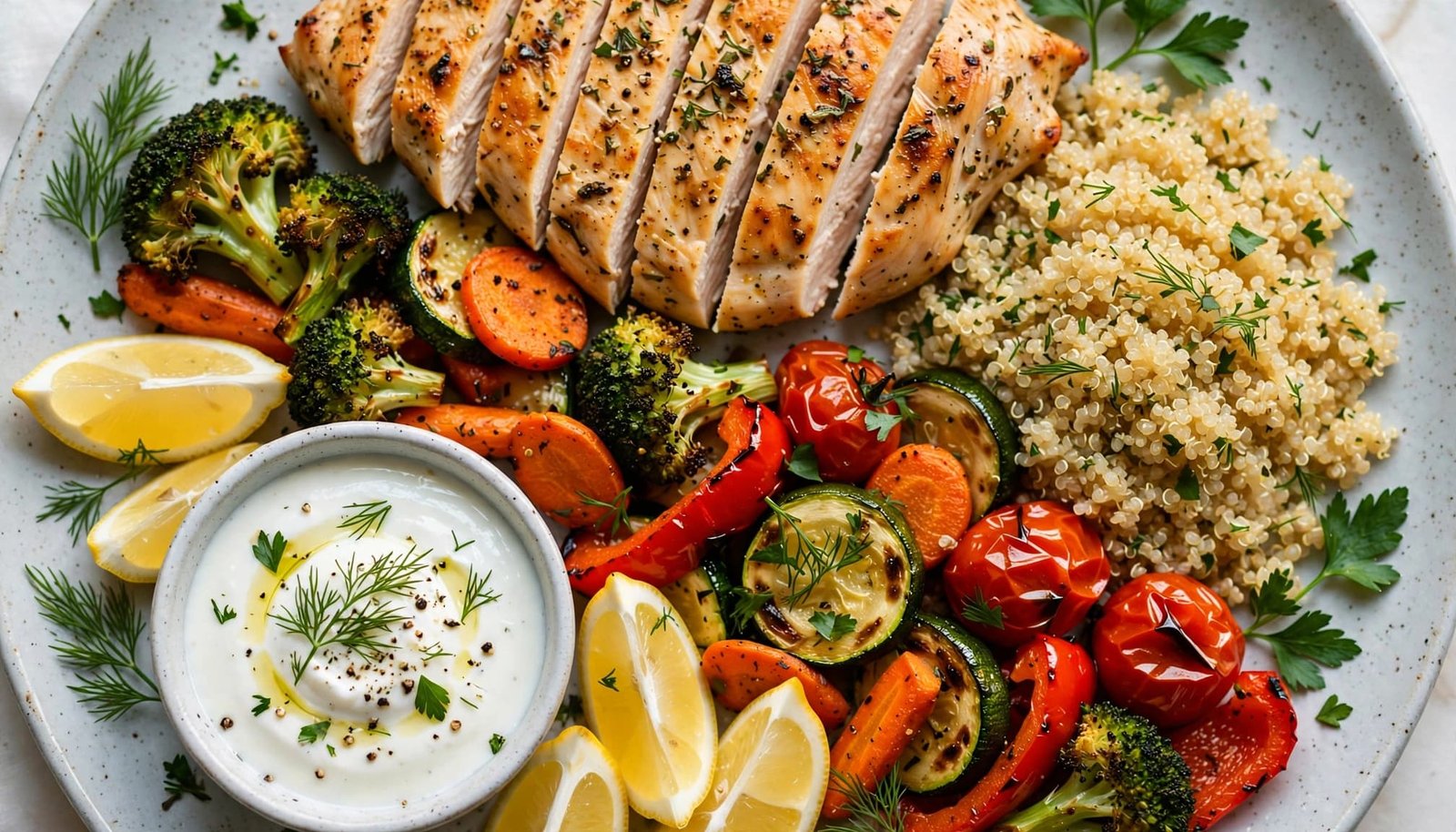 A plate of grilled chicken, quinoa, vegetables, lemon, herbs, and yogurt sauce on a bright kitchen table.