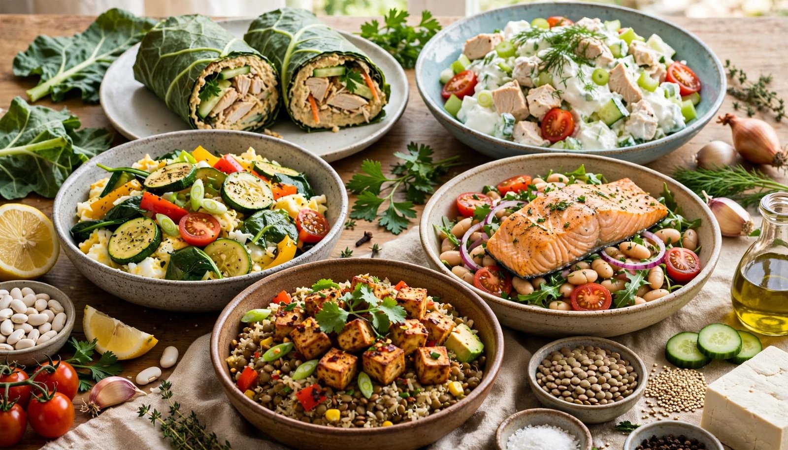 Five colorful high-protein lunches arranged on a bright kitchen table.