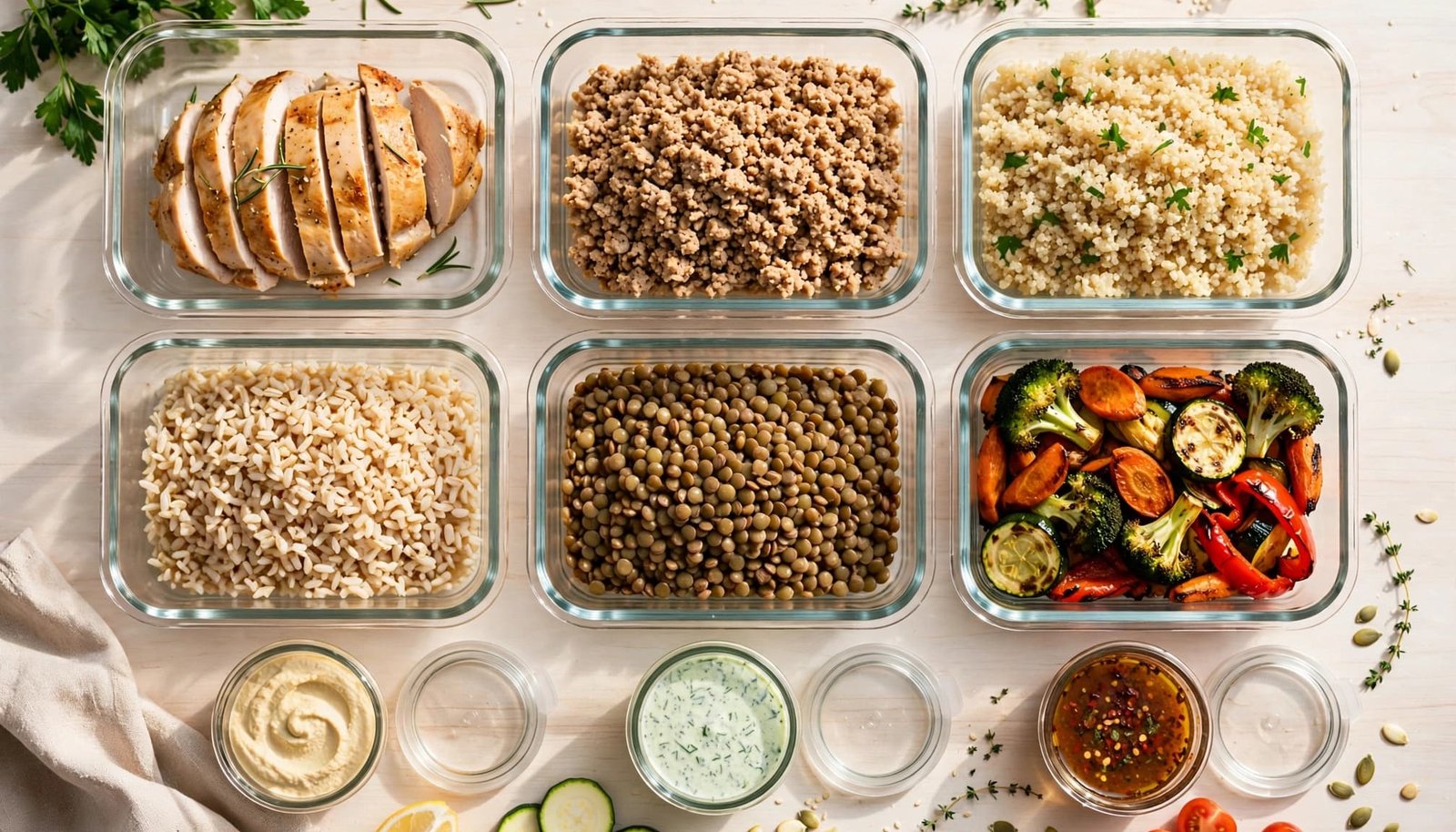 Glass containers hold chicken, turkey, grains, lentils, vegetables, and sauces on a bright kitchen counter.